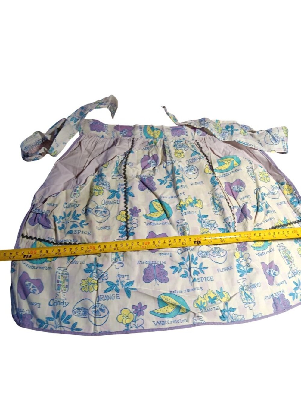 Womens Vintage Kitchen Apron 1950s 1/2 Lilac/Purple Trim Butterfly Fruits Candy